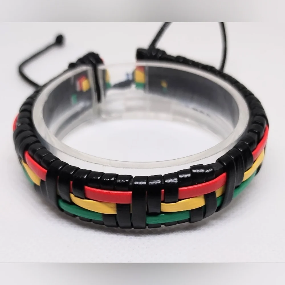 Men's Bracelet Leather Braided‎ Black Rainbow New f69